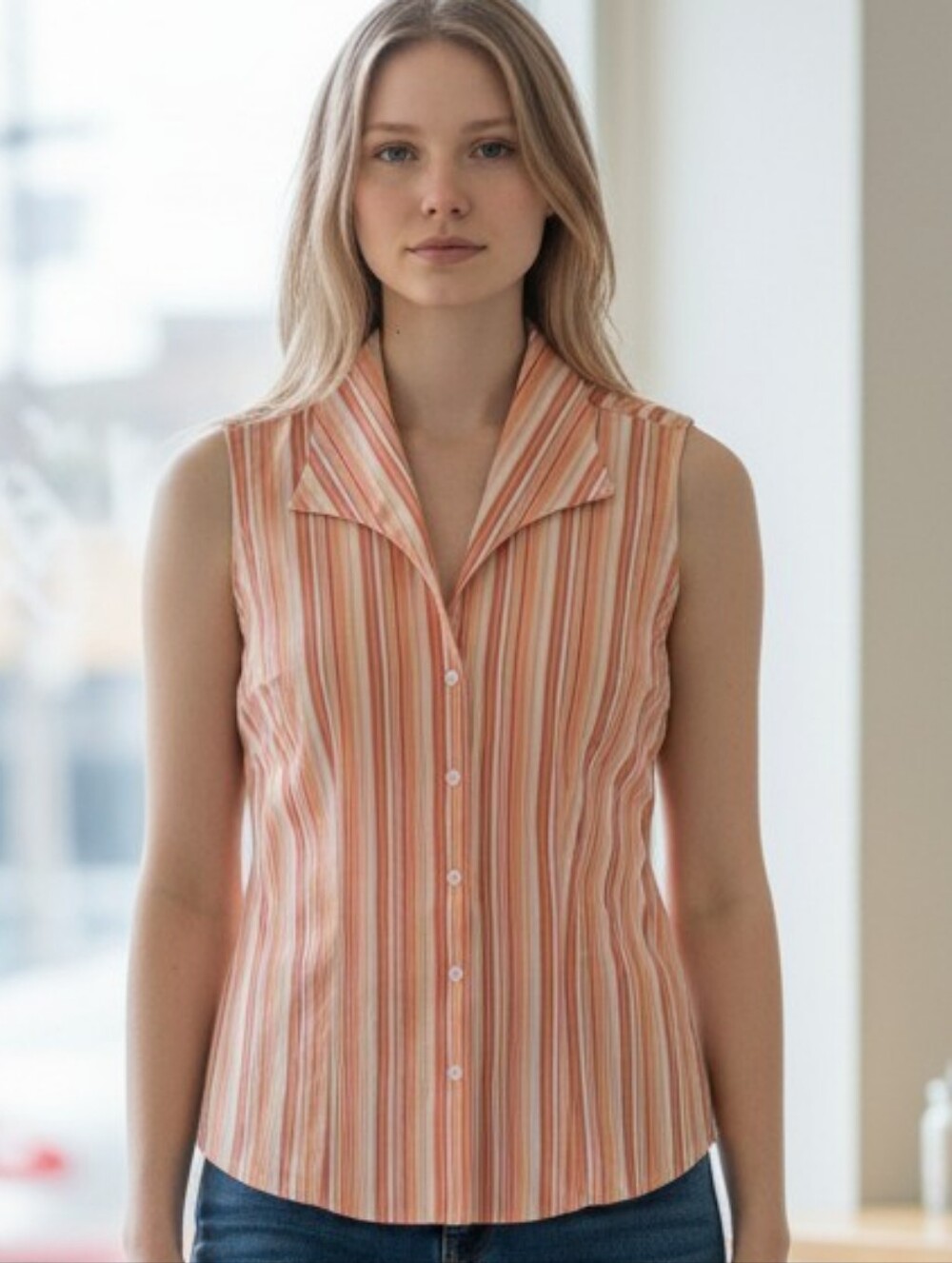 Tailor B. Moss Sleeveless Striped Button-Up Blouse in Peach and Cream In EUC